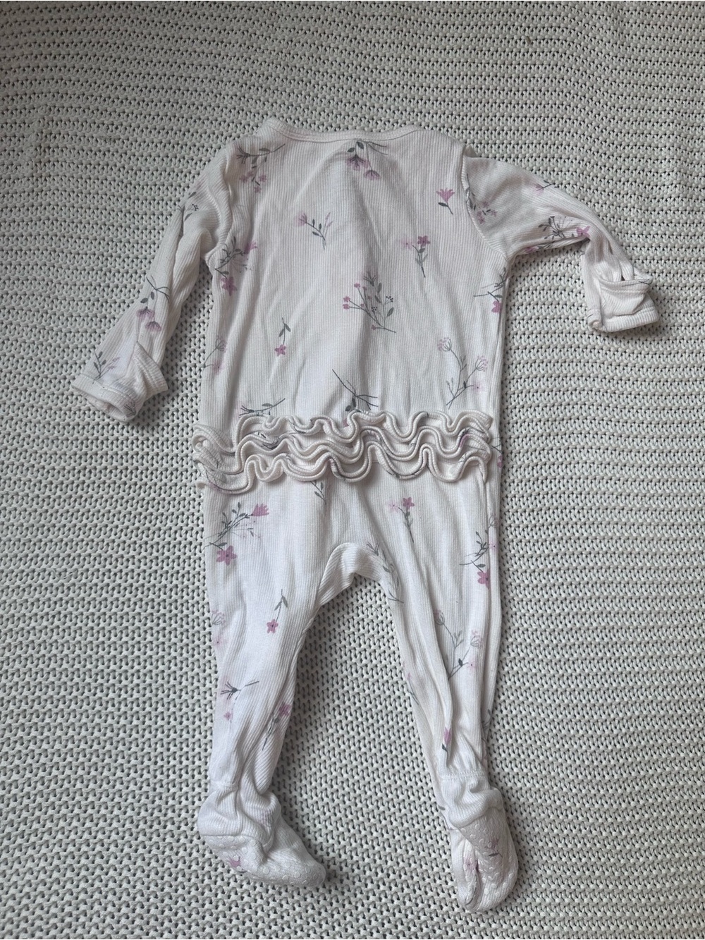 6-9 Months Angel Dear Cream Footed One-Piece with Pink Floral and Ruffle Back